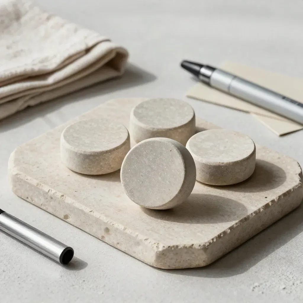 Three stone tokens on a neutral tray, one stepped forward beside a folded cloth and metal marker.